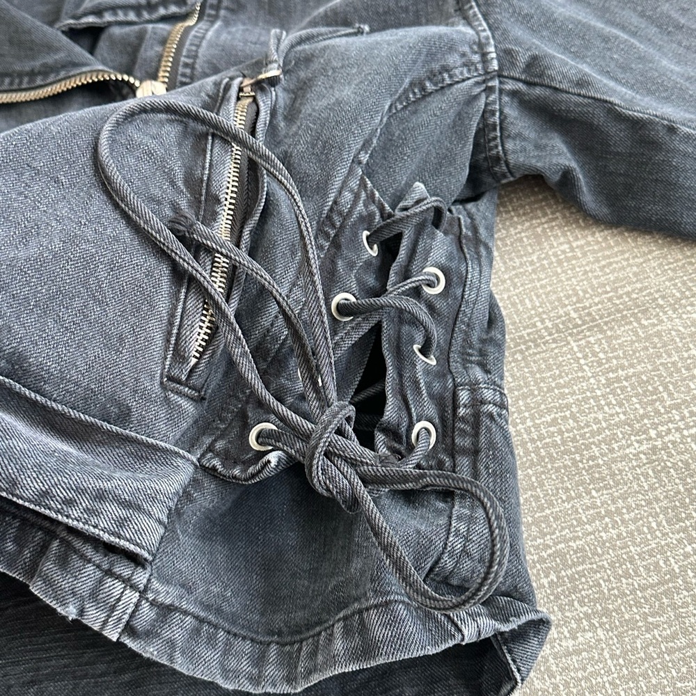 Free People Oversized Moto Jacket Black Denim Belted Lace Up Small Boho Biker - Picture 8 of 15